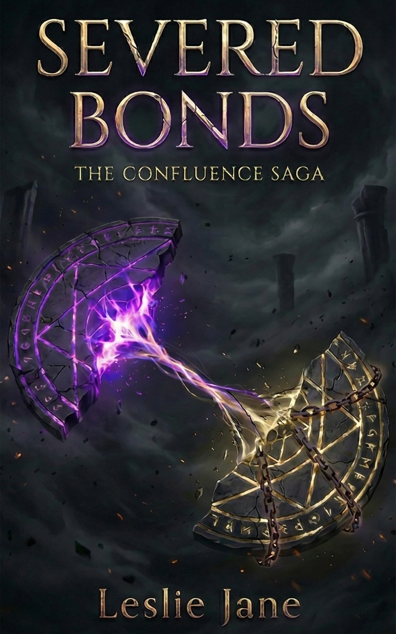 Severed Bonds cover — a runic ward circle broken in half, purple lightning bridging the gap, chains binding the golden fragment